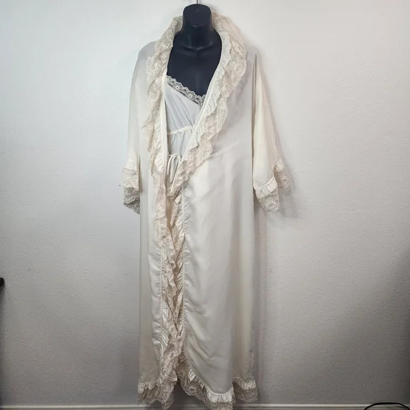 Vintage 80s Givenchy Cream Slip Dress Robe Set Peignoir